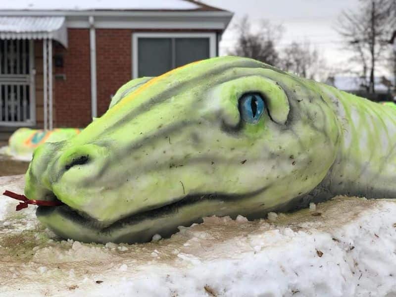 Morn Mosley and family created snake snow sculpture