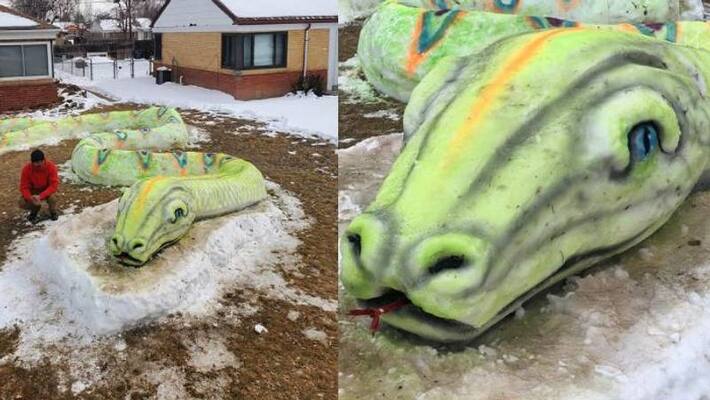 Morn Mosley and family created snake snow sculpture Morn Mosley and family created snake snow sculpture