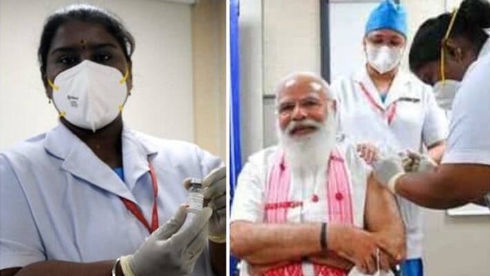Sister P Niveda and Rosamma anil who inoculated PM Modi today kpn Sister P Niveda and Rosamma anil who inoculated PM Modi today kpn