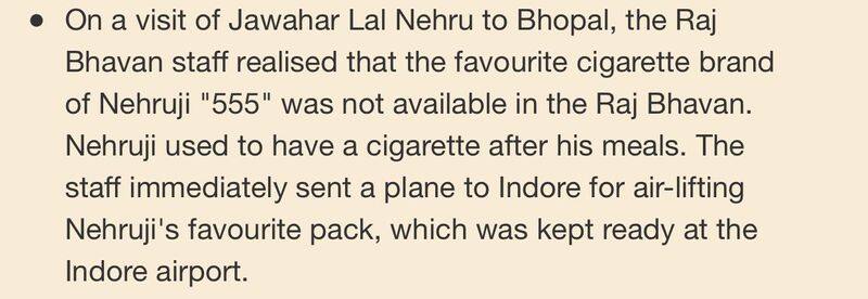 raj bhawan anecdote reveals a story of plane went to indore from bhopal for getting favourite cigarettes of jawaharlal nehru