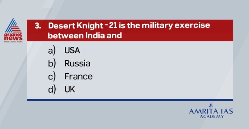 <p><strong>Answer (c)</strong></p>
<p><br />
Desert Knight-21 is the military exercise between Indian and French Air forces.<br />
</p>
