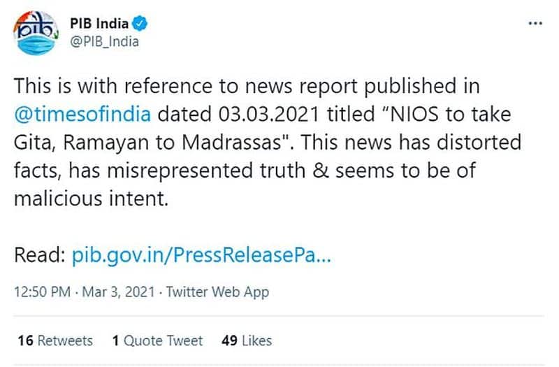 Govt factchecks Times of India, says NIOS not taking Gita, Ramayana to madrassas-VPN
