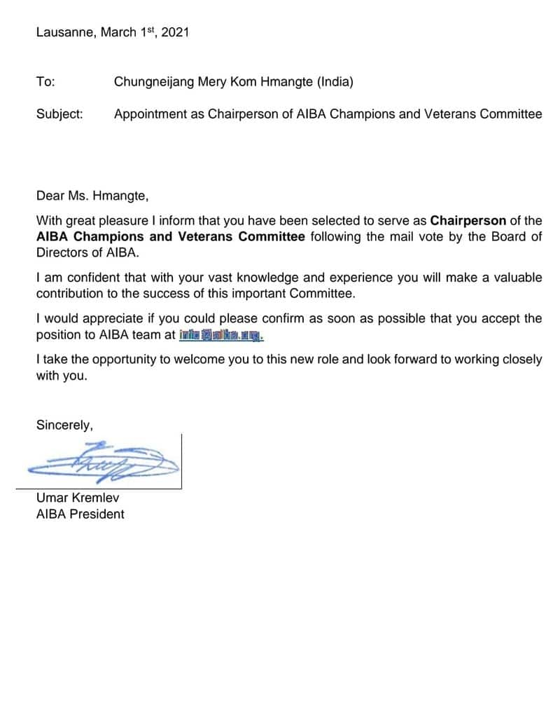 Following her appointment, AIBA sent out a letter to Mary informing her of the same. "With great pleasure, I inform you that you have been selected to serve as the chairperson of the AIBA Champions and Veteran Committee following the mail vote by the board of directors of AIBA. I am confident with your vast knowledge and experience, you will make a valuable contribution to the success of this important committee," the letter read.