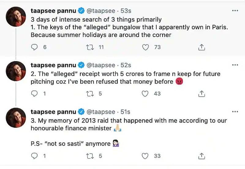 Taapsee Pannu reacts on I-T raids 'Not so sasti' anymore-VPN
