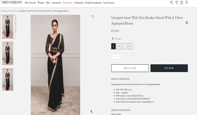 आप इस साड़ी को taruntahiliani.com से खरीद सकते हैं। यकीन मानिये ये साड़ी आपके लुक में चार चांद लगा देगी साथ ही आपको ट्रेडिशनल कपड़ों में मॉडर्न लुक देगा। 