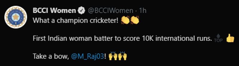 On attaining the historic feat, the Board of Control for Cricket in India took to its Twitter handle to congratulate the legend. "What a champion cricketer! First Indian woman batter to score 10K international runs. Take a bow, @M_Raj03," read the tweet.