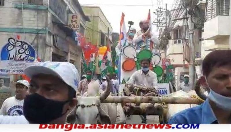 <p>'পেট্রোল-ডিজেলের দাম প্রচুর বেড়ে গেছে। সেই কারণেই গরুর গাড়িতে চড়েছি' বলে জানিয়েছেন কসবার ওই তৃণমূল প্রার্থী</p>