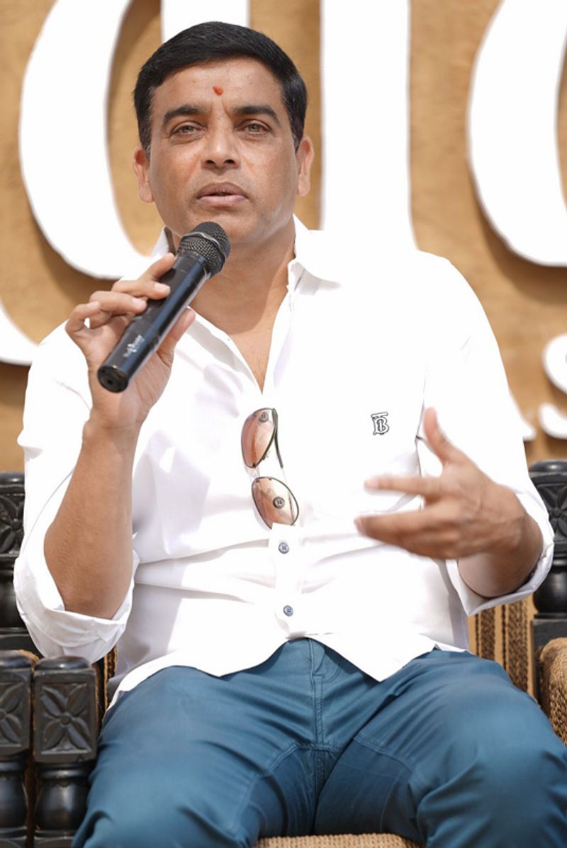 మీడియాతో మాట్లాడుతున్న నిర్మాత దిల్ రాజు