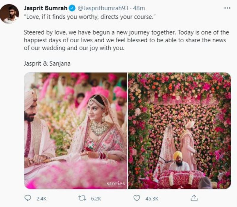 ছবি শেয়ার করার পাশাপাশি একটি মিষ্টি বার্তাও দিয়েছেন বুমরা। লিখেছেন,'আমরা একসাথে একটি নতুন যাত্রা শুরু করেছি। আজ আমাদের জীবনের অন্যতম আনন্দদায়ক দিন এবং আমরা আমাদের বিবাহ এবং আমাদের আনন্দ আপনাদের সাথে ভাগ করে নিতে পেরে নিজেকে ধন্য মনে করছি।'একই ছবি ও পোস্ট শেয়ার করেন সঞ্জনাও।