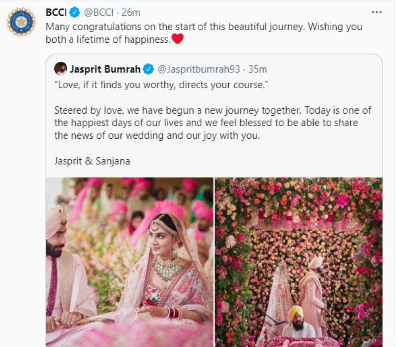বিয়ের খবর প্রকাশ্যে আসতেই বুমরাকে শুভেচ্ছা জানানো হয়েছে ভারতীয় ক্রিকেট বোর্ডের তরফে। সোশ্যাল মিডিয়ায় জানানো হয়, এই সুন্দর যাত্রা শুরুর জন্য অনেক অভিনন্দন। উভয়ের আজীবন সুখের কামনা করছি।