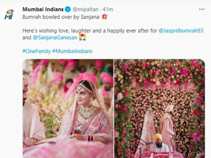 বুমরার আইপিএল দল মুম্বই ইন্ডিয়ান্সের পক্ষ থেকেও শুভেচ্ছা জানানো হয়। লেখা হয়, বুমরাকে বোল্ড করলেন সঞ্জনা, সারা জীবনের জন্য প্রেম, হাসি, সুখের শুভ কামনা রইল।