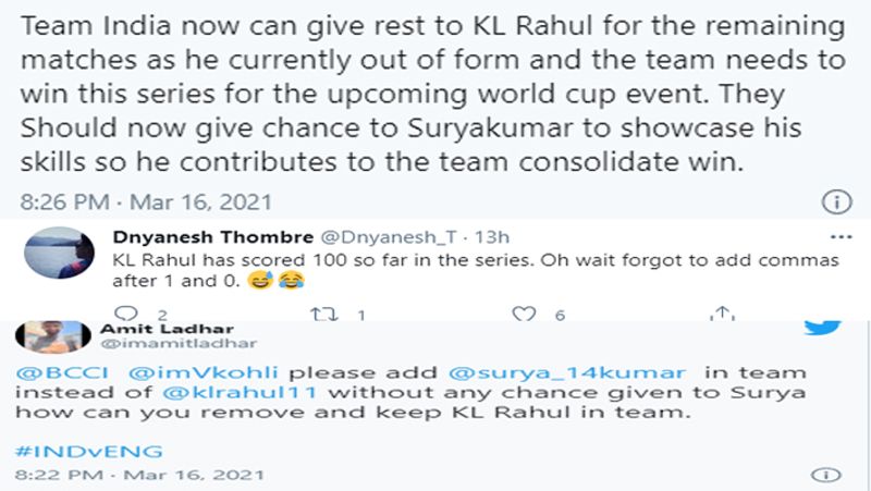 एक यूजर ने लिखा कि 'टीम इंडिया को अब केएल राहुल को सीरीज के बाकी बचे मैचों के लिए आराम देना चाहिए, क्योंकि वो इस वक्त फॉर्म में नहीं हैं। राहुल की जगह सूर्यकुमार को मौका मिलना चाहिए ताकि वो भी अपना हुनर दिखा सकें और टीम की जीत में कुछ योगदान दे पाएं।' वहीं, एक अन्य यूजर ने मजाकिया अंदाज में लिखा कि 'केएल राहुल ने सीरीज में अब तक 100 रन बनाए हैं। ओह 1 और 0 के बाद मैं कॉमा लगाना भूल गया।'