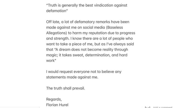In the statement, he has written, "Truth is generally the best vindication against defamation."