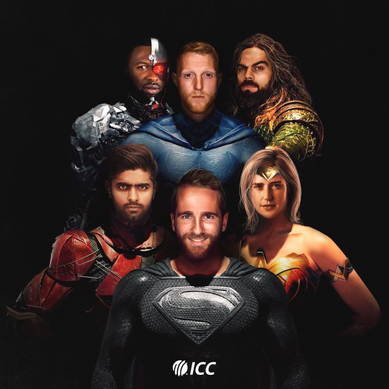 On Thursday, the International Cricket Council took to its social media handle to create its own version of the Justice League. The official poster of the Justice League was replaced by the face of the cricketers, as ICC captioned it, "Unite the League 💪#SnyderCut".
In the poster, Windies all-rounder Kieron Pollard featured as Cyborg, followed by English all-rounder Ben Stokes as Batman, Pakistani batsman Babar Azam as Flash and New Zealand batsman Kane Williamson as Superman. Indian skipper Virat Kohli was featured as Aquaman, while Australian woman cricketer Ellyse Perry was portrayed as the Wonder Woman.
