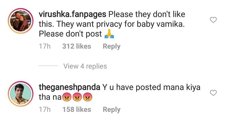 But the photographers did not agree to the said request and clicked their picture. In the comment section of Bollywood photographer Viral Bhayani, one fan commented, "Please, they don't like this. They want privacy for baby Vamika. Please don't post."