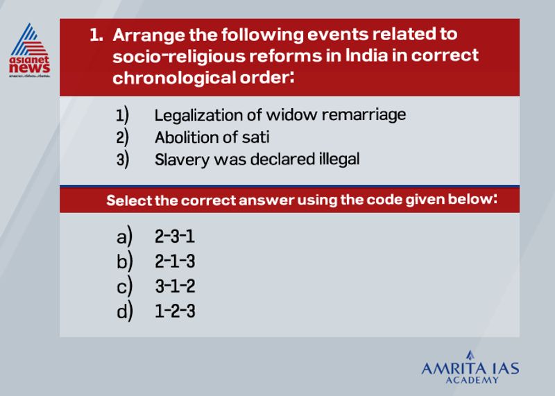 Answer (a) Sati was declared illegal through the 1829 regulation act. Slavery was declared illegal in 1843 through the Act V, while Charter Act of 1833 had instructed the government to abolish slavery. Through the efforts of Ishwar Chandra Vidyasagar resulted into the passing of Hindu Widows' Remarriage Act of 1856, legalized window marriages in India.