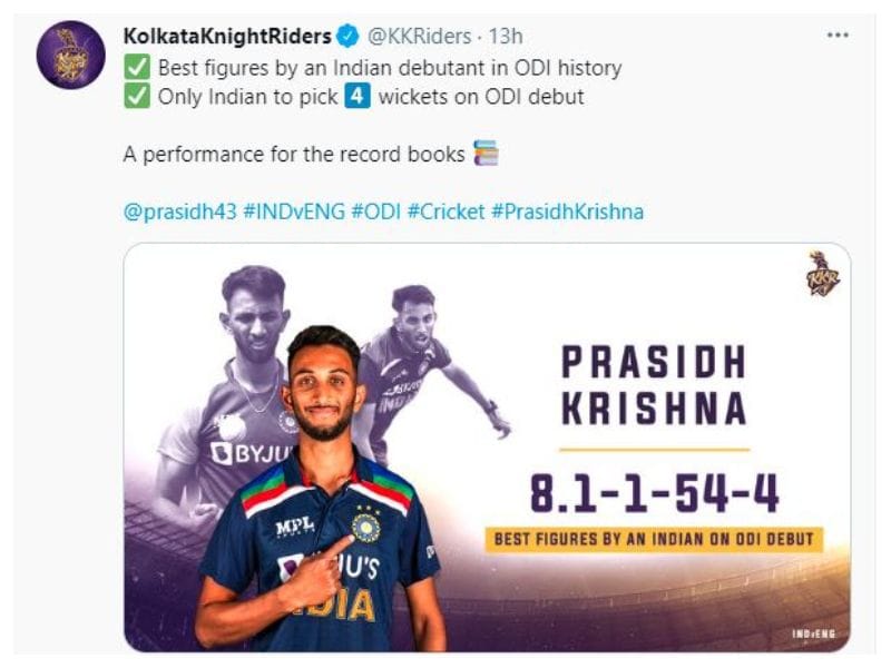প্রসিদ্ধ কৃষ্ণার দুরন্ত পারফরমেন্সের জন্য তাকে শুভেচ্ছা জানিয়েছে তার আইপিএল ফ্র্যাঞ্চাইজি দল কেকেআর। কৃষ্ণার বোলিং রেকর্ড নিজেদের সোশ্যাল মিডিয়ায় শেয়ার করে কেকেআর।
