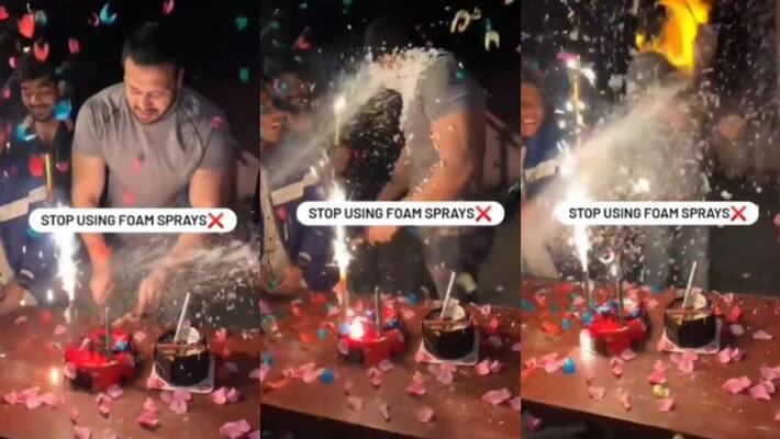 shocking video of fire catches in form spray on face of a youth while birthday party shocking video of fire catches in form spray on face of a youth while birthday party