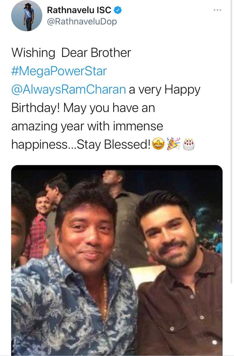 రామ్చరణ్కి సినిమాటోగ్రాఫర్ రత్నవేలు విషెస్.