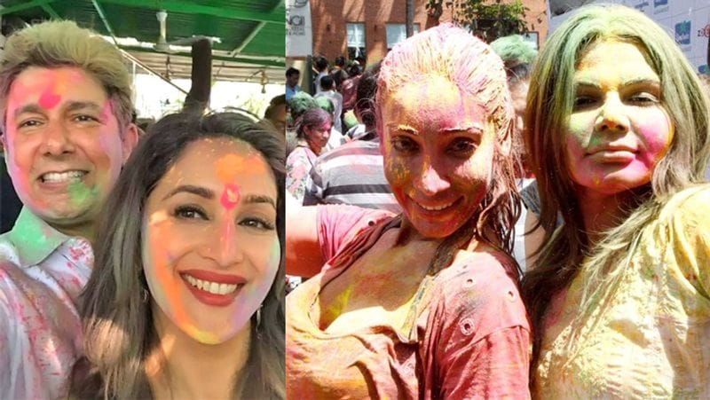 पति श्रीराम नेने के साथ होली के मौके पर माधुरी दीक्षित। दूसरी ओर होली पर राखी सावंत और सोफिया हयात।