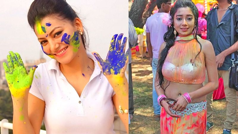 होली के दौरान उर्वशी रौतेला और टीना दत्ता।