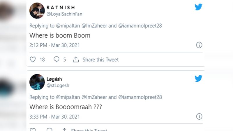 वहीं, इन तस्वीरों में फैंस जसप्रीत बुमराह (jasprit Bumrah) को याद करते भी दिखें, एक यूजर ने ट्वीट किया है: "बूम बूम कहां हैं ? बता दें कि शादी के बाद से बुमराह टीम से बाहर है, लेकिन आईपीएल के लिए वह जल्द ही स्कॉड ज्वाइन करेंगे।