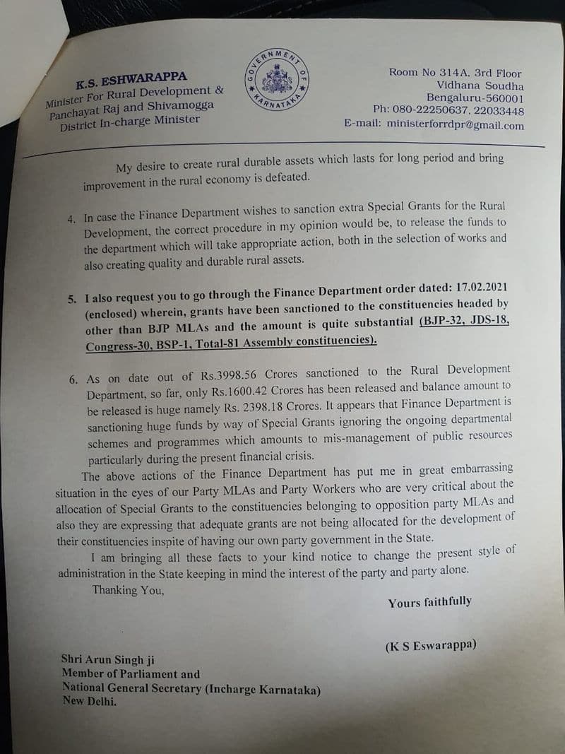 Karnataka Rural development minister KS Eshwarappa complaint against CM BS Yediyurappa mah