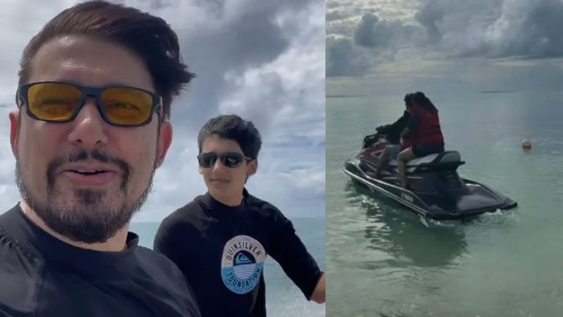 माधुरी ने पति के साथ जहां समुंदर का आनंद लिया वहीं, बेटों के साथ भी वे मस्ती करती नजर आई।