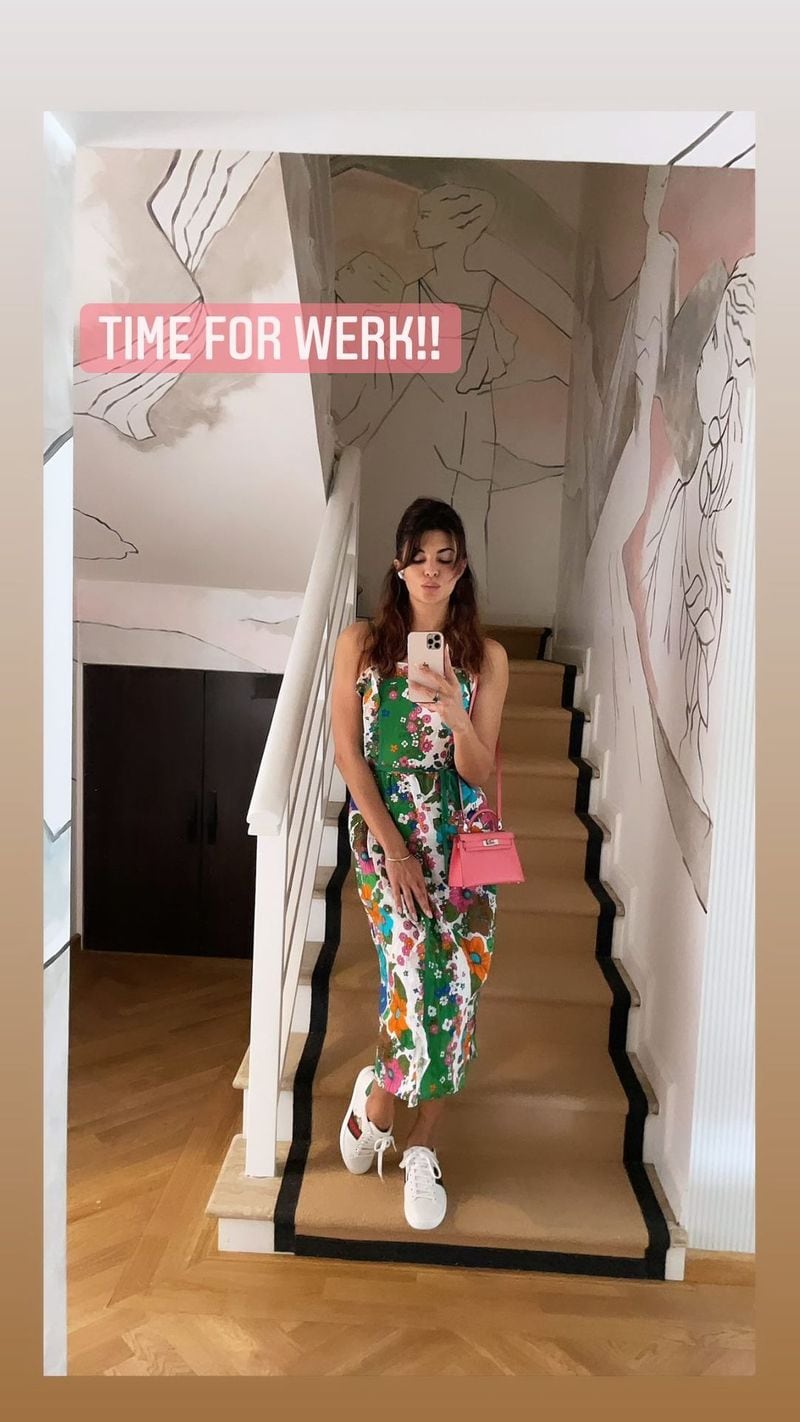 She paired her outfit with sneakers from Gucci and a mini Hermes Kelly bag. The pink bubblegum bag she is carrying is from one of the expensive bag bands in the word, Hermes. 