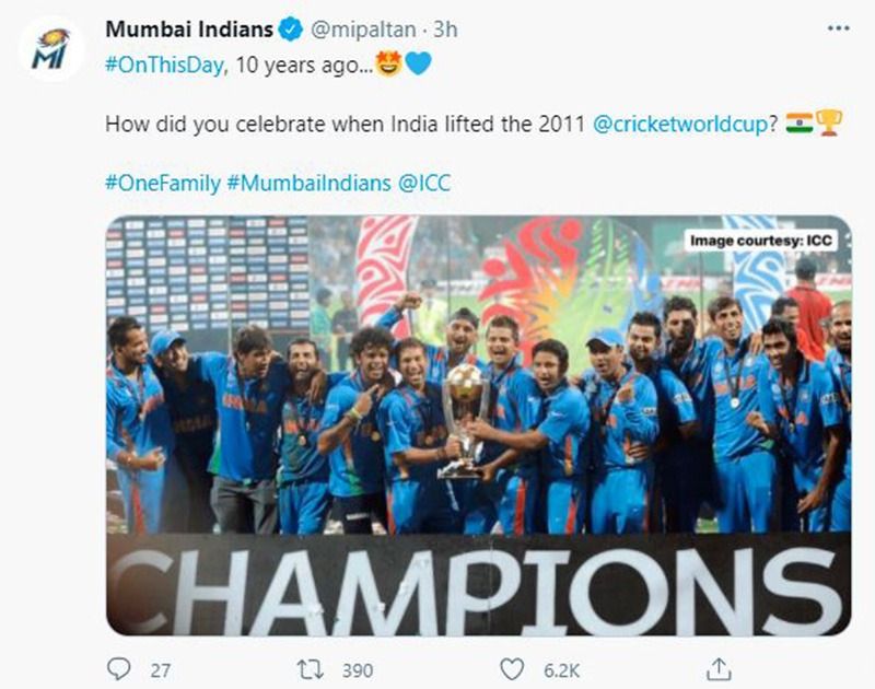 ৫ বারের আইপিএল চ্যাম্পিয়ন দল মুম্বই ইন্ডিয়ান্স ভারতের বিশ্বকাপ জয়ের ১০ বছর পূর্তিতে সোশ্যাল মিডিয়ায় শুভেচ্ছা জানায়। একইসঙ্গে কে কীভাবে সেই দিন সেলিব্রেট করেছিল তাও জানতে চাওয়া হয়।