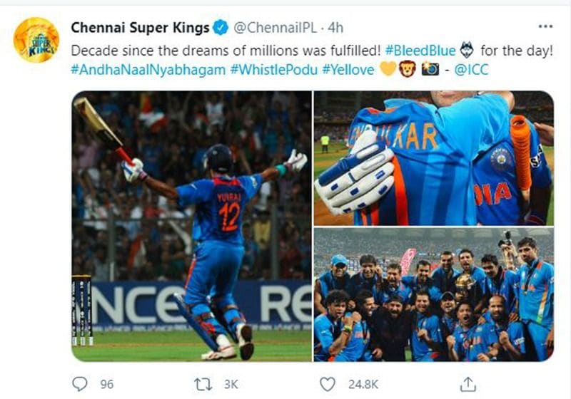 ধোনির টিম ইন্ডিয়াকে শুভেচ্ছা জানায় আইপিএলে ধোনির দল সিএসকে। বিশ্ব জয়ের মুহূর্তের নানা ছবি শেয়ার করে দেশবাসীর স্বপ্নপূরণের স্মৃতিচারণ করে চেন্নাই সুপার কিংস।