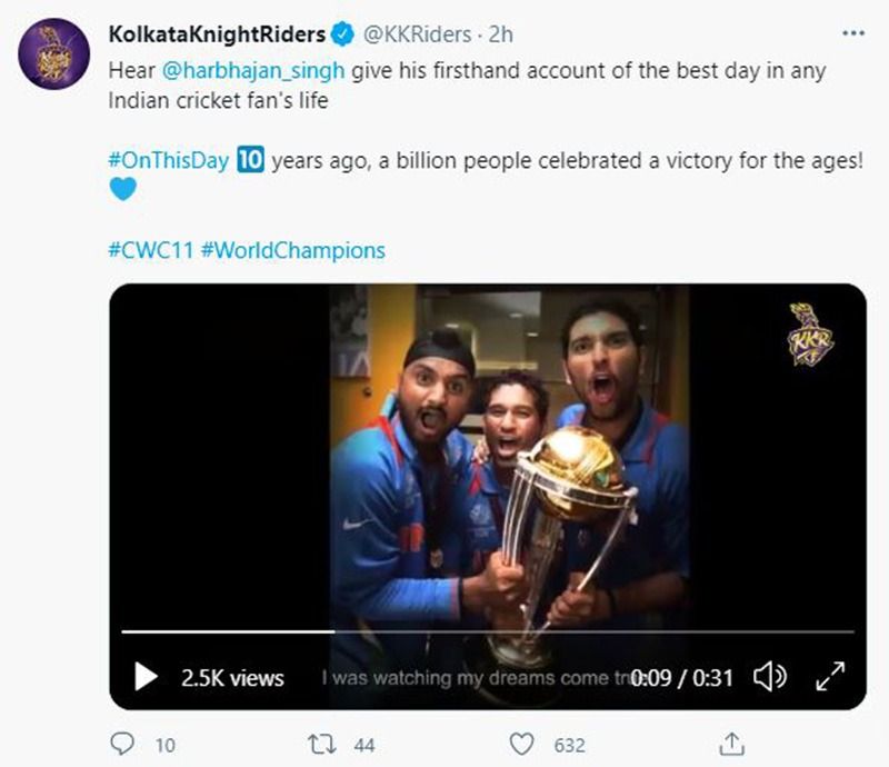 ভারতেকর বিশ্বজয়ের নানা মুহূর্ত ভিডিওর মাধ্যমে শেয়ার করার পাশাপাশি হরভজন সিংয়ের অনুভূতি কি ছিল সেদিন তাও তুলে ধরেন কলকাতা নাইট রাইডার্স। জীবনের সেরা দিন বলে জানান ভাজ্জি।