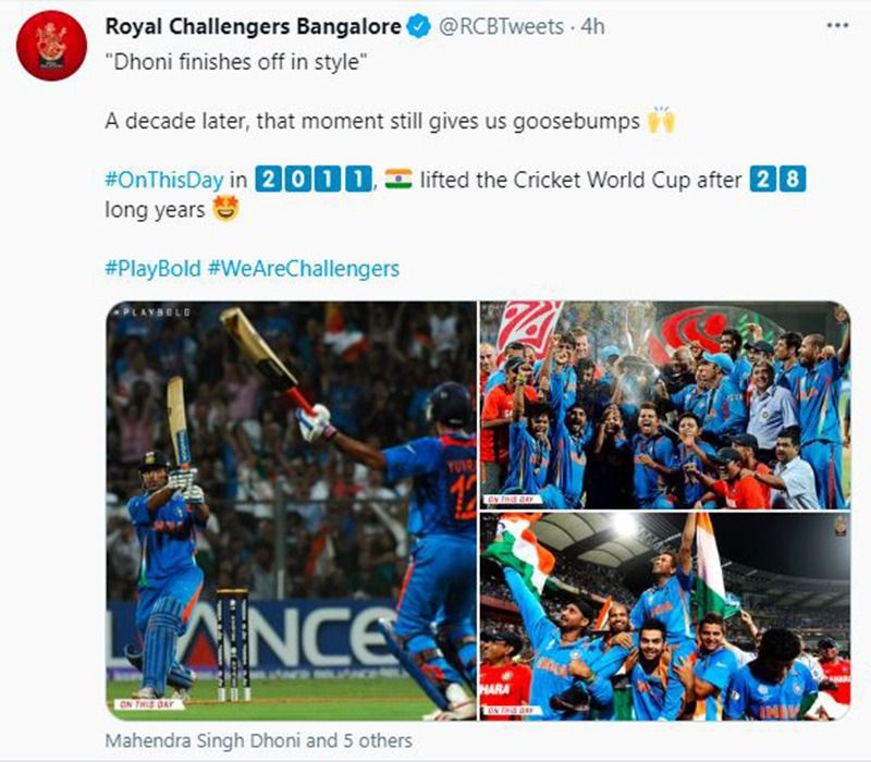 বিরাট কোহলির দল রয়্যাল চ্যালেঞ্জার্স ব্যাঙ্গালোরও শুভেচ্ছা জানায় ধোনির টিম ইন্ডিয়াকে। 'এক দশক পরে, সেই মুহুর্তটি এখনও আমাদের উত্তেজিত করে দেয় বলে জানানো হয় সোশ্যাল মিডিয়ায়।