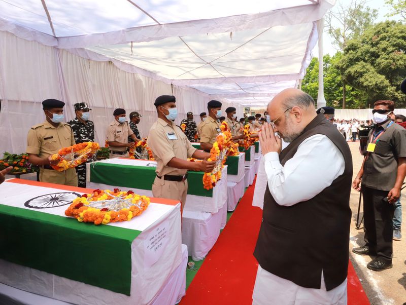 <p>Union Home Minister Amit Shah arrived in Jagdalpur in Chhattisgarh on Monday to pay tribute to the security personnel who lost their lives in an attack by the Naxals on Saturday. Shah and Chief Minister Bhupesh Baghel laid wreaths at the coffins of 14 security personnel.<br />
</p>