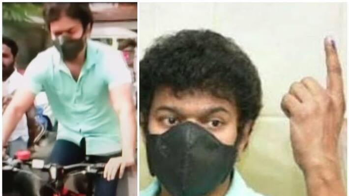 tamil actor vijay comes on cycle to vote protesting petrol price hike tamil actor vijay comes on cycle to vote protesting petrol price hike