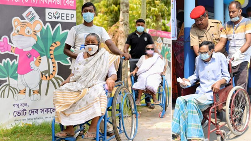 असम के कामरूप मतदान केंद्र पर वोट डालने जाते दिव्यांग बुजुर्ग।
