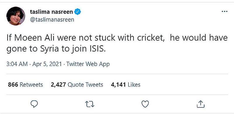 Taslima Nasreen sarcastic tweet against cricketer Moeen Ali backfires-VPN
