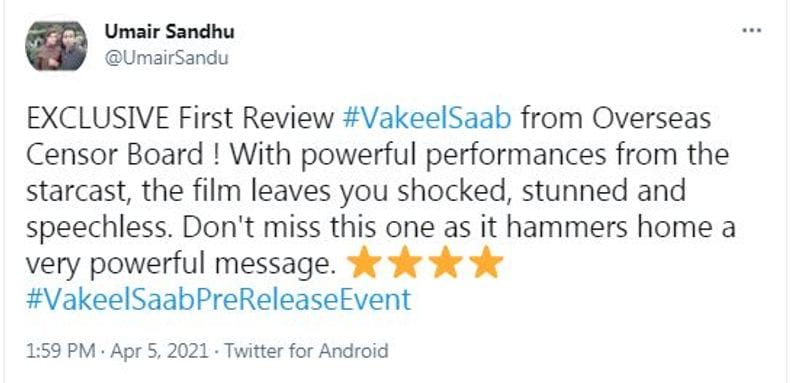 పవన్తోపాటు ఇతర తారాగణం కూడా పవర్ఫుల్ పర్ఫెర్మెన్స్ ఇచ్చారట. సినిమా ఆడియెన్స్ ని దిగ్ర్భాంతికి గురి చేస్తుందని, శక్తివంతమైన సందేశాన్ని అందిస్తుందని, అది మనకు తలపై కొట్టినట్టుగా ఉంటుందని చెప్పారు. ఈ సందర్భంగా ఆయన సినిమాకి నాలుగు స్టార్లు ఇచ్చాడు.