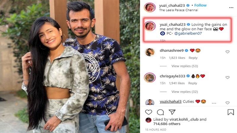 <p>फोटो को शेयर कर युजी ने बताया कि उन्हें धनाश्री के चेहरे का नूर पसंद हैं। जी हां, इस पोस्ट पर चहल ने लिखा कि, 'मेरे चेहरे पर खुशी और उसके चेहरे पर चमक मुझे पसंद है।'</p>