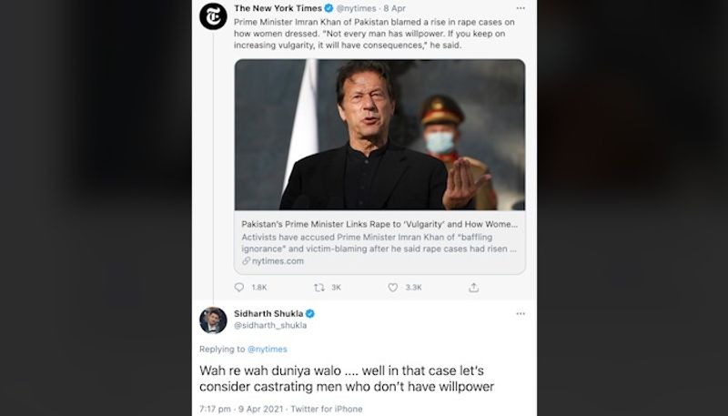 Today, Shukla gave out a powerful reaction to Pakistan PM Imran Khan's quote on rising cases of rape linking it to vulgarity. He replied to a tweet by the New York Times, which has the quote by Pakistan's PM that read, "Not every man has willpower. If you keep on increasing vulgarity, it will have consequences."