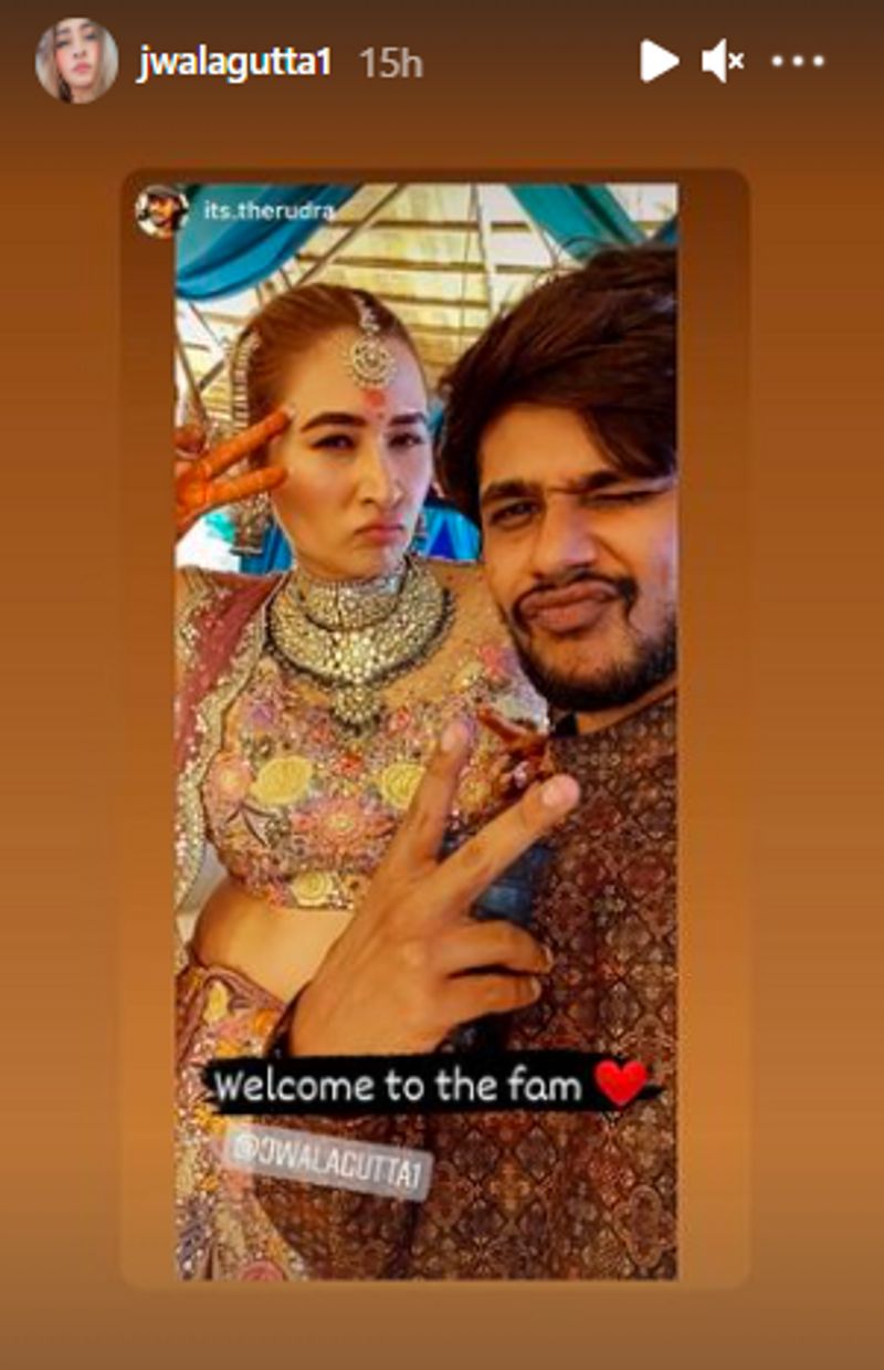 Here, Gutta poses with someone from Vishal's family, captioned, "Welcome to the fam".