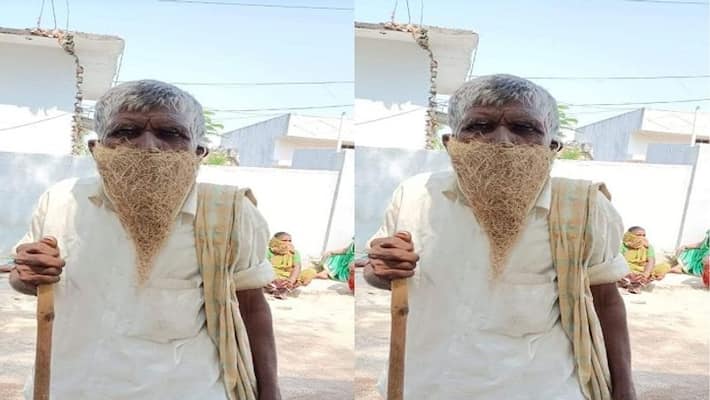 Mekala Kurmayya came to mandal center for a pension wearing a bird-nest as a mask - bsb Mekala Kurmayya came to mandal center for a pension wearing a bird-nest as a mask - bsb