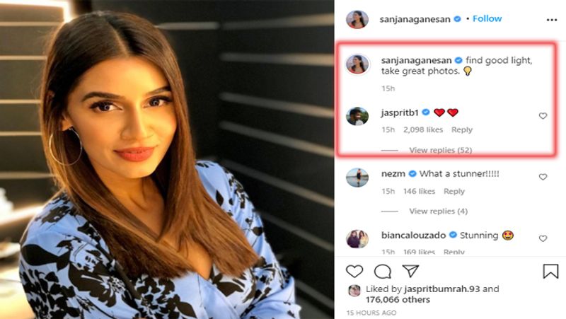 बुमराह का वाइफ के लिए प्यार
संजना गणेशन की ये तस्वीर सोशल मीडिया पर खूब वायरल हो रही है। 1 लाख 70 हजार से ज्यादा लोग उनकी फोटो पर लाइक और कमेंट कर चुके हैं। वहीं, उनके पति बुमराह ने इसपर 2 हार्ट इमोजी सेंड कर अपने प्यार का इजहार किया।