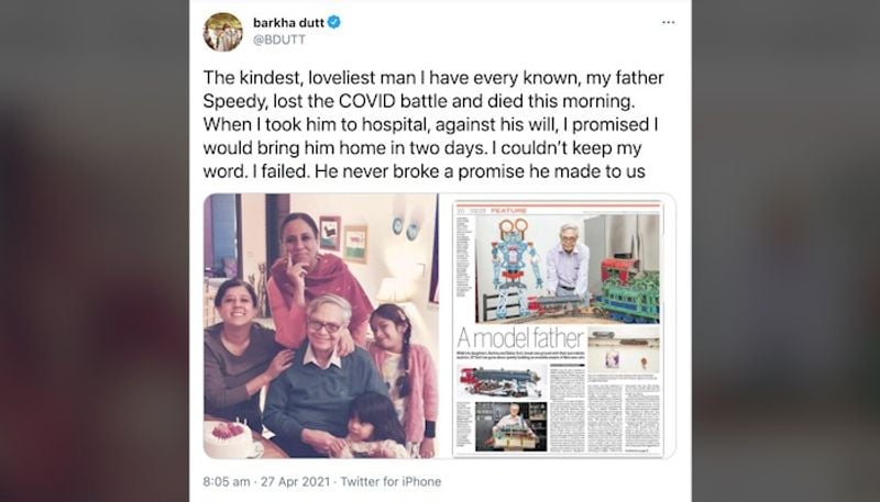 She tweeted, "The kindest, loveliest man I have ever known, my father Speedy, lost the COVID battle and died this morning. When I took him to hospital, against his will, I promised I would bring him home in two days. I couldn't keep my word. I failed. He never broke a promise he made to us."