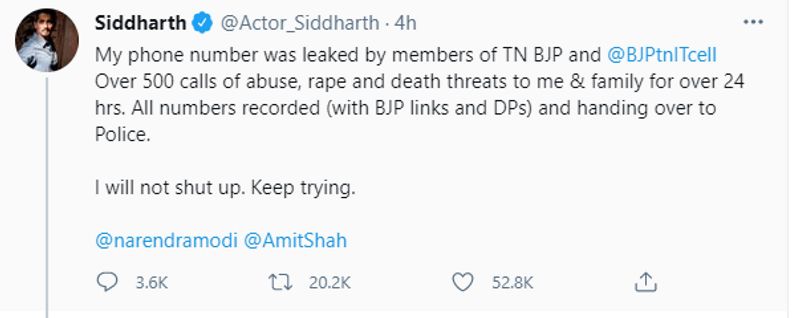 ಬೆದರಿಕೆ ಒಡ್ಡಿದವರು ಬಿಜೆಪಿ ಬೆಂಬಲಿಗರೊಂದಿಗೆ ಸಂಪರ್ಕ ಹೊಂದಿದ್ದಾರೆ ಎಂಬುದಕ್ಕೆ ಸಾಕ್ಷಿಯಾಗಿ ಎಲ್ಲಾ ನಂಬರ್ ದಾಖಲಿಸಿಕೊಂಡಿದ್ದು ವಾಟ್ಸಾಪ್ ಡಿಪಿ ಸ್ಕ್ರೀನ್ಶಾಟ್ಗಳನ್ನು ಸಹ ನಟ ಹೊಂದಿರುವುದಾಗಿ ಹೇಳಿದ್ದಾರೆ. ಇವುಗಳನ್ನು ಗ್ರೇಟರ್ ಚೆನ್ನೈ ಪೊಲೀಸರಿಗೆ ಹಸ್ತಾಂತರಿಸಲಾಗಿದೆ.