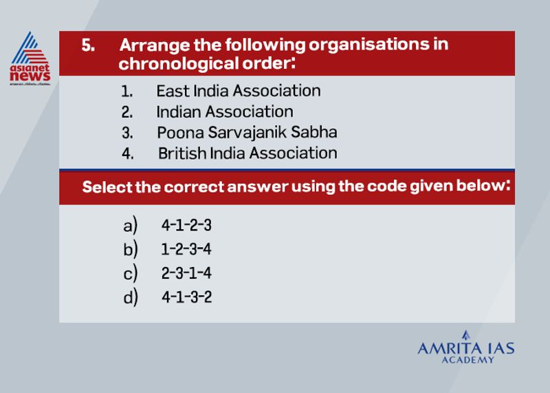Answer (d) British India Association in 1851 East India Association in 1866 Poona Sarvajanik Sabha in 1870 Indian Association in 1876