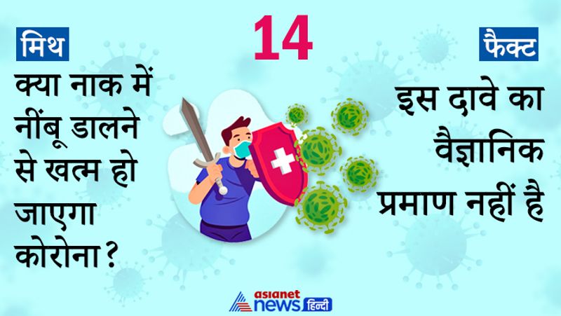 मिथ 14- क्या नाक में नींबू डालने से खत्म हो जाएगा कोरोना? एक वीडियो सोशल मीडिया पर काफी वायरल हो रहा, इसमें दावा किया जा रहा है कि नाक में नींबू के रस की तीन तीन बूंद डालने से कोरोना ठीक हो जाएगा।
फैक्ट- इस दावे का वैज्ञानिक प्रमाण नहीं है।