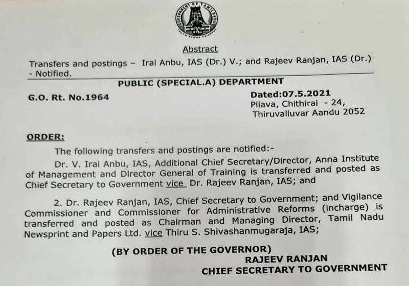 iraianbu ias appointed tamilnadu Chief Secretary
