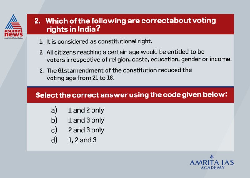 Answer (d) Universal adult suffrage is guaranteed under Article 326 of the constitution. This was one of the few articles which were adopted unanimously by the constituent assembly. The 61st amendmentof 1988 reduced the voting age from 21 to 18.