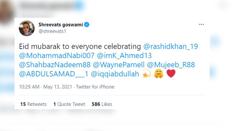 শ্রীবৎস গোস্বামী-সানরাইজার্স হায়দরাবাদের অপর এক প্লেয়ার শ্রীবৎস গোস্বামীও দলে সকলকে ও ফ্যানেদের ইদের শুভেচ্ছা জানিয়েছে।